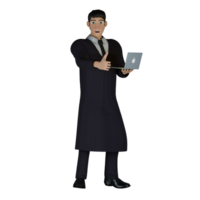 3D Male Judge. A male judge stands with his left hand holding a laptop while his right hand gives a thumbs up, as if signaling to start working. Professional png