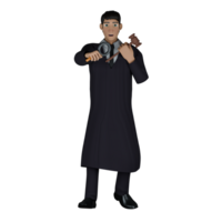 Male Judge in Court Setting. A male judge stands with his right hand holding a magnifying glass while his left hand holds a gavel. 3D Character png