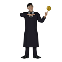 of Male Legal Professional. A male judge stands with his middle finger resting on a gold coin like a basketball player, while his right hand points towards his left hand. 3D Judge png