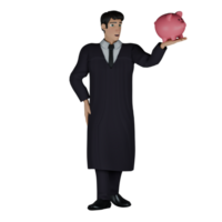 3D Professional Male Judge Character. A male judge is seen standing and his left hand is holding a pink piggy bank, while his right hand is on his waist. Justice png