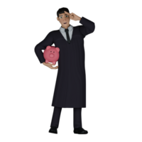 Male Judge 3D Cartoon. A male judge is standing with his right hand holding a piggy bank and his left hand raised in front of his face while pointing to the right. Professional Judicial png