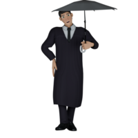3D Male Judge. A male judge is seen using an umbrella that he is carrying with his left hand. Professional Cartoon png