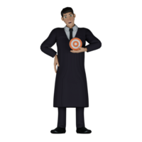 Professional Male Judicial Character. A male judge is seen standing with his right hand on his waist while his left hand is raised in front of his chest while carrying a dart target. 3D Judge png