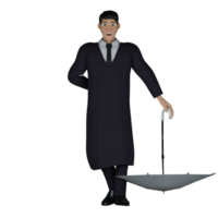 Professional Judicial Male. A male judge is seen standing with his left hand pointing the open umbrella downward and his right hand hidden behind his body. 3D Judge png
