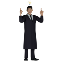 3D Male Court Judge. A male judge stands with both his hands raised and pointing upwards, while above his head is a bright light bulb, after he approves one of his ideas. png
