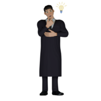 A male judge stands with his left hand in front of his chest, while his right hand holds his chin, and on the left side of his head there is a light bulb that is lit, as if he has an idea in his mind. png