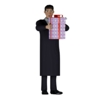 Cartoon Professional Judge. A male judge looks like he is standing while lifting a gift with a red ribbon that is standing. 3D Male png