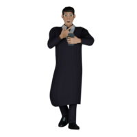 Professional Male Judge in 3D Animation. A male judge is holding a cellphone in his left hand, while his right hand is placed on his chest, as if he is surprised or confused. Judicial png