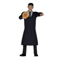 Professional Judge in 3D. A male judge looks like he is speaking with the help of a loudspeaker while his left hand is pointing forward. Male png