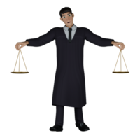 Animated Professional Judge. A male judge holds two golden scales in both hands, which symbolize balance and justice. 3D Male png