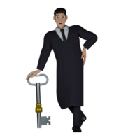 Male Professional Judge - 3D Character. A male judge who appears relaxed as if leaning back and his right hand is resting on a large key, and his left hand is bent at his waist. Judicial png