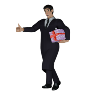 Male Judge in 3D. A male judge looks like he is walking while his right hand is pointing his thumb forward while in his left arm is tucked a gift with a red ribbon. Professional Legal png