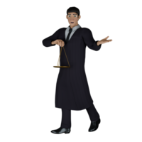 Professionalism of Male Judge in 3D. A male judge holds a scale in his right hand, while his left hand is open as if explaining something. Legal Cartoon png
