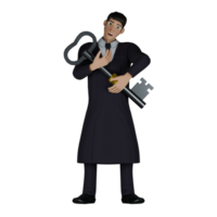 Male Judge in 3D Professional Judicial. A male judge appears to be standing while hugging a large key. Cartoon png