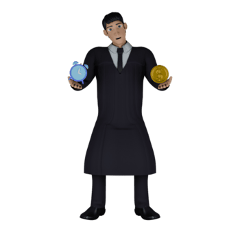 A male judge stands with his right palm raised parallel to his shoulder while carrying an alarm clock while his left palm is also raised parallel to his shoulder while carrying a gold coin. png