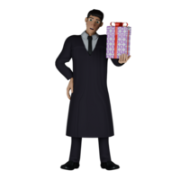 Professional 3D Judicial. A male judge is seen standing with his right hand on his waist, while his left hand is raised parallel to his shoulder while carrying a gift with a red ribbon. Male png