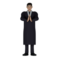 3D Male Judge Character in Action. A male judge who is seen putting his hands together in front of his chest in a position like praying or giving a greeting. Professional png