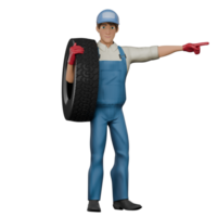 3D Male Mechanic in Workshop. A male mechanic stands while carrying a car tire on his shoulder and his left hand points to the left, as if indicating. Cartoon png