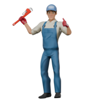Technical Male Mechanic. A male mechanic stands with his right hand carrying a large pipe wrench while his left hand points. 3D Professional Character png