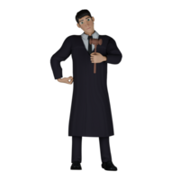3D Model of Judicial Expert. A male judge stands with his left hand holding the gavel and his right hand on his waist. Cartoon Judge png