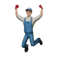 Male Mechanic 3D Professional. A male mechanic jumps with both fists clenched upwards, as if giving the impression of victory. Technical Cartoon png