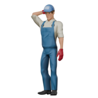 3D Model of Male Mechanic. A male mechanic stands with his right hand behind his head, as if confused. Professional Technician png