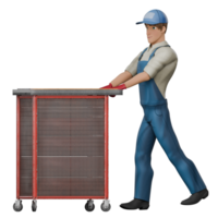 Male Mechanic in Auto Setting. A male mechanic is pushing a tool trolley in a workshop. 3D Character png