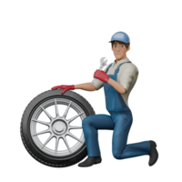 Male Technical Mechanic 3D. A male mechanic is kneeling next to a car tire with a wrench in his left hand while his right hand is on the tire. Professional png