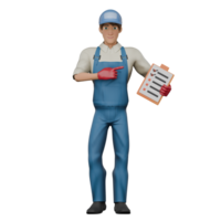 Professional Mechanic in 3D. A male mechanic stands with his left hand holding a checklist while his right hand points at it, as if he wants to explain and give directions. Male png