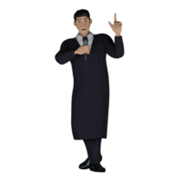Cartoon .of a Male Judge. A male judge stands holding a microphone in his right hand while his left hand points up. 3D Style png