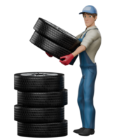 Illustrated Auto Professional. A male mechanic is lifting a pile of car tires to be arranged or moved. 3D Male Mechanic png
