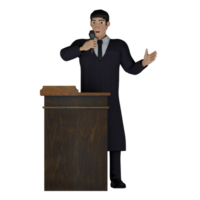 Male Judge in Action. A male judge stands behind a wooden pulpit with his right hand holding a microphone and raising his left hand with his palm facing forward as if explaining something. png