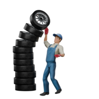 Animated Professional Mechanic. A male mechanic is adjusting or balancing a pile of car tires that are about to fall. 3D Male png