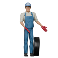 3D Male Mechanic. A male mechanic stands to the right of a car tire with both hands pointing towards the car tire. Professional Automotive Character png