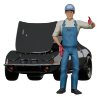 Professional 3D Mechanic. A male mechanic is standing in front of a car with the engine tap open while his left hand is pointing his thumb and his right hand is on his waist. Male Auto Expert png