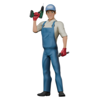 Professional Male Mechanic in 3D. A male mechanic is standing with his right hand raised carrying an impact while his left hand holds a wrench, as if ready to make repairs. Auto Workshop Character png