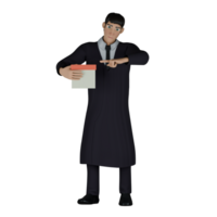 3D Male Judge Presiding. A male judge stands with his right hand holding a folder or document while his left hand points to the folder or document. Courtroom Cartoon png