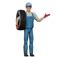 Automotive Service Provider 3D. A male mechanic stands holding a car tire on his right shoulder and his left hand is raised with his palm open upwards, as if he is giving an explanation. png