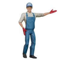 Technical Mechanic Professional in 3D. A male mechanic stands with his left hand straightened with his palm facing upwards, as if greeting a customer while his right hand is on his waist. Male png