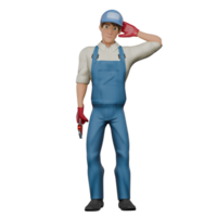 3D Male Mechanic in Professional Role. A male mechanic stands with his left hand rubbing the back of his head while his right hand carries a crank, as if he is confused about the work. Technical png