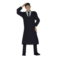 Professional Judge 3D Cartoon. A male judge stands with his right hand above his head while his left hand is on his waist. Male Legal Expert png