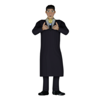 3D Male Judge at Bench. A male judge stands with both hands in front of his body with a light bulb symbol. Legal Cartoon png
