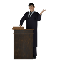 3D Cartoon Court Judge. A male judge stands behind a wooden pulpit with his left hand raised up and his right hand on the wooden pulpit, as if explaining something or giving a presentation. png