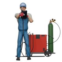 Male Mechanic Professionalism in 3D. A male mechanic is standing holding a welding torch in his left hand while his right hand is holding a welding tool, as if he is preparing to do welding. png