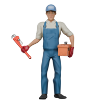 3D Mechanic Male in Professional Setting. A male mechanic stands with his left hand carrying a tool box while his right hand holds a wrench. Cartoon png