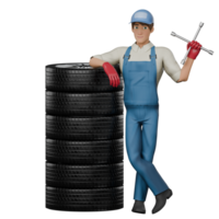 3D Male Mechanic in Garage. A male mechanic is standing leaning on a pile of tires with his right hand placed on the tire while his left hand is holding a 4-pole crank. Professional Character png
