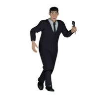 3D Professional Judge Character. A male judge stands with his legs crossed while holding a microphone in his left hand. Male Jurist png