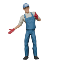 Male Mechanic 3D. A male mechanic stands with his index finger pointing while his right hand points to the right, as if giving directions. Professional png