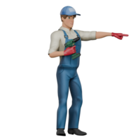 3D Male Mechanic Character in Action. A male mechanic stands with his right hand holding an impact and his left hand pointing forward, as if giving directions. Professional png