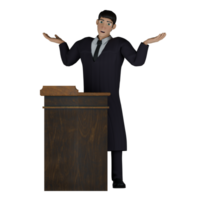 Professional Legal Judge Character. A male judge stands behind a wooden pulpit with both hands raised with palms facing up. 3D Male Model png